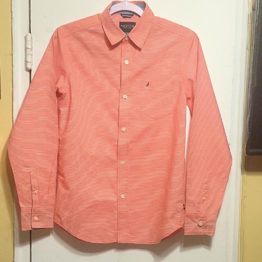 Nautica Boy's Orange Striped Longsleeve Shirt Size L (14//16)